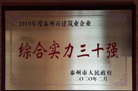 集團(tuán)公司榮獲“2019年度泰州市建筑業(yè)企業(yè)綜合實(shí)力三十強(qiáng)”稱號(hào)